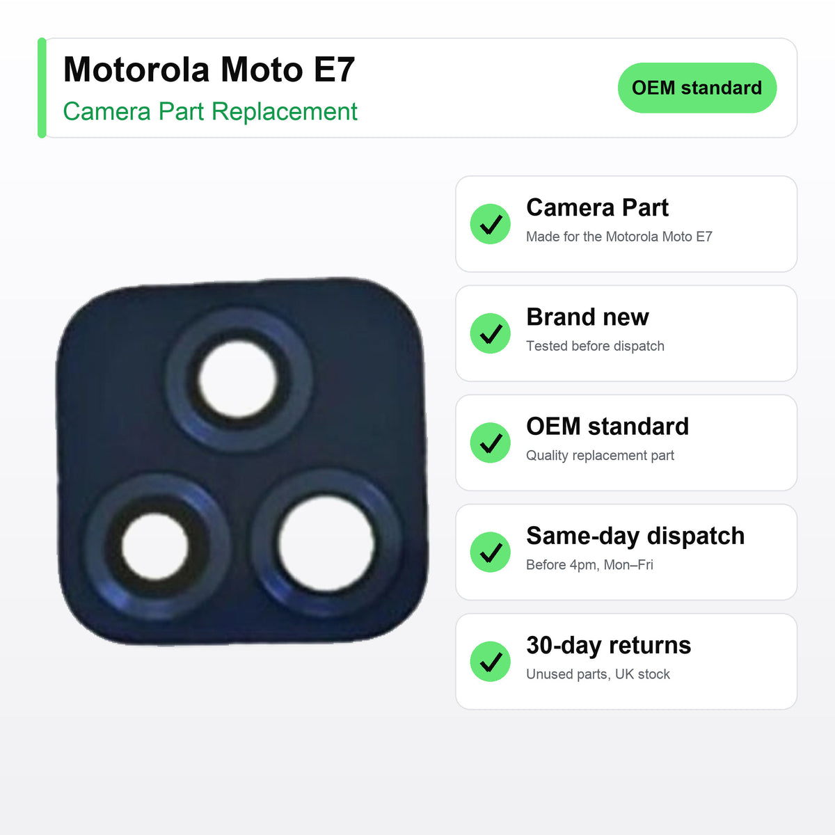 Motorola Moto E7 camera lens key facts: brand new, tested, same-day UK dispatch
