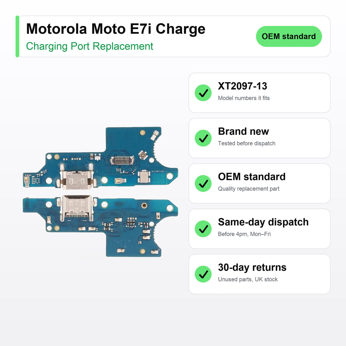 Motorola Moto E7i Charge charging port key facts: brand new, tested, same-day UK dispatch