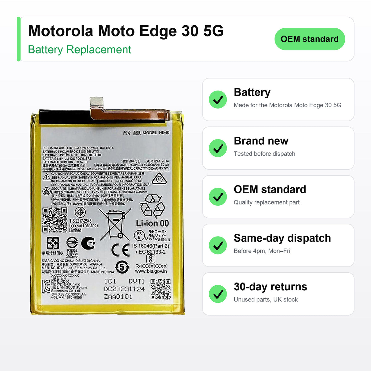 Motorola Moto Edge 30 5G battery key facts: brand new, tested, same-day UK dispatch