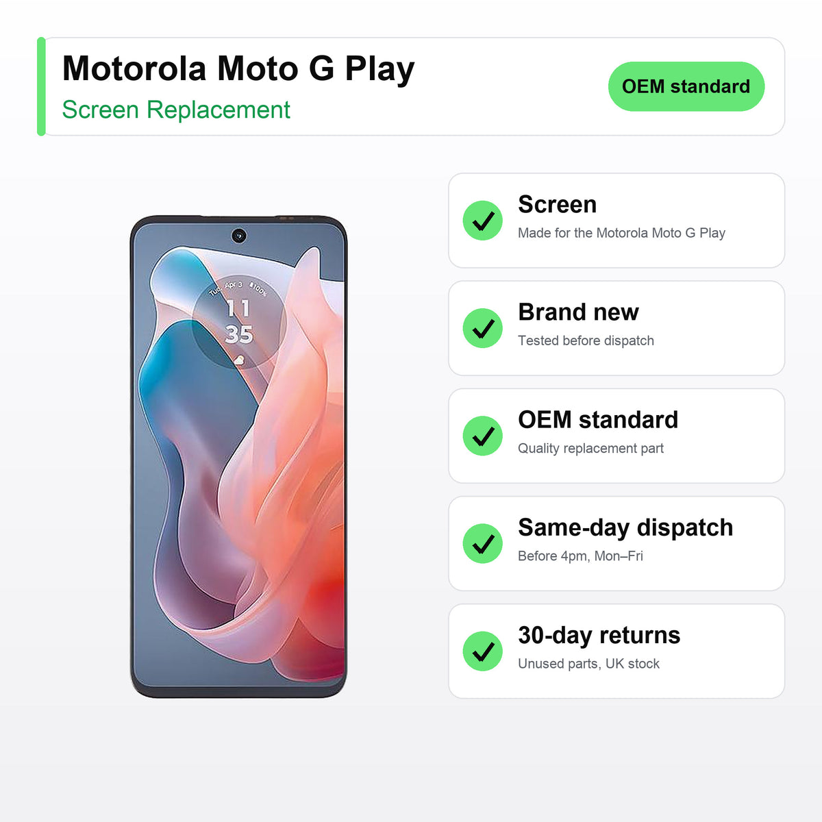 Motorola Moto G Play screen key facts: brand new, tested, same-day UK dispatch
