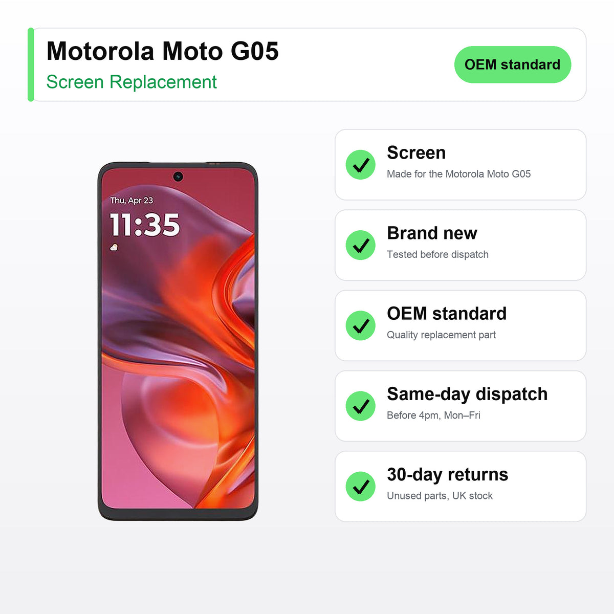 Motorola Moto G05 screen key facts: brand new, tested, same-day UK dispatch