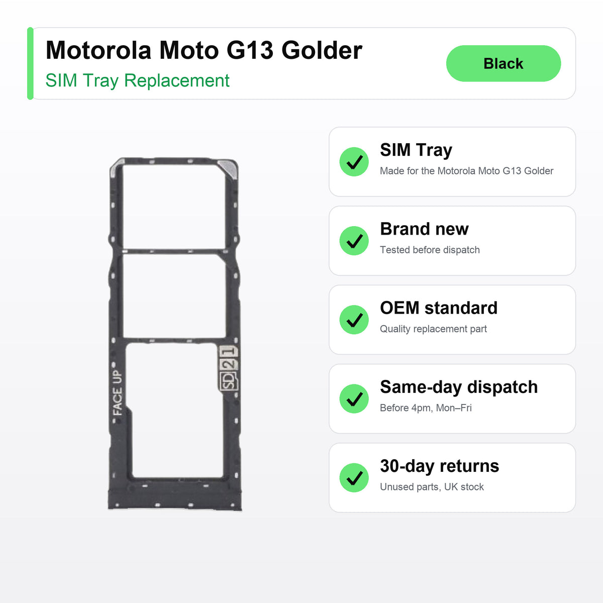 Motorola Moto G13 Golder SIM tray key facts: brand new, tested, same-day UK dispatch