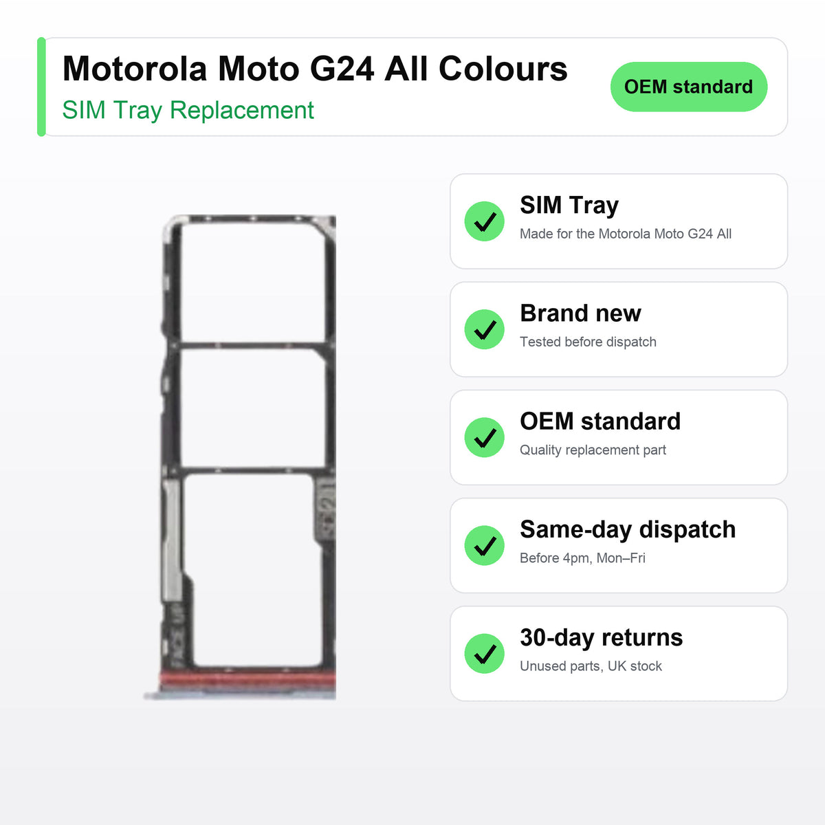 Motorola Moto G24 All Colours SIM tray key facts: brand new, tested, same-day UK dispatch
