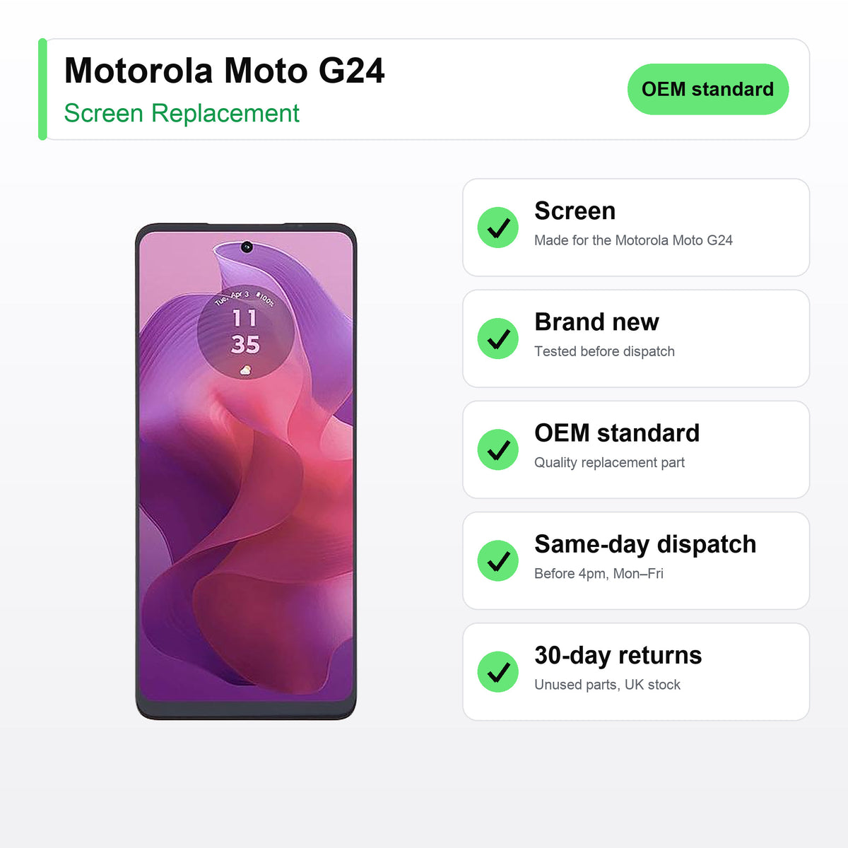Motorola Moto G24 screen key facts: brand new, tested, same-day UK dispatch