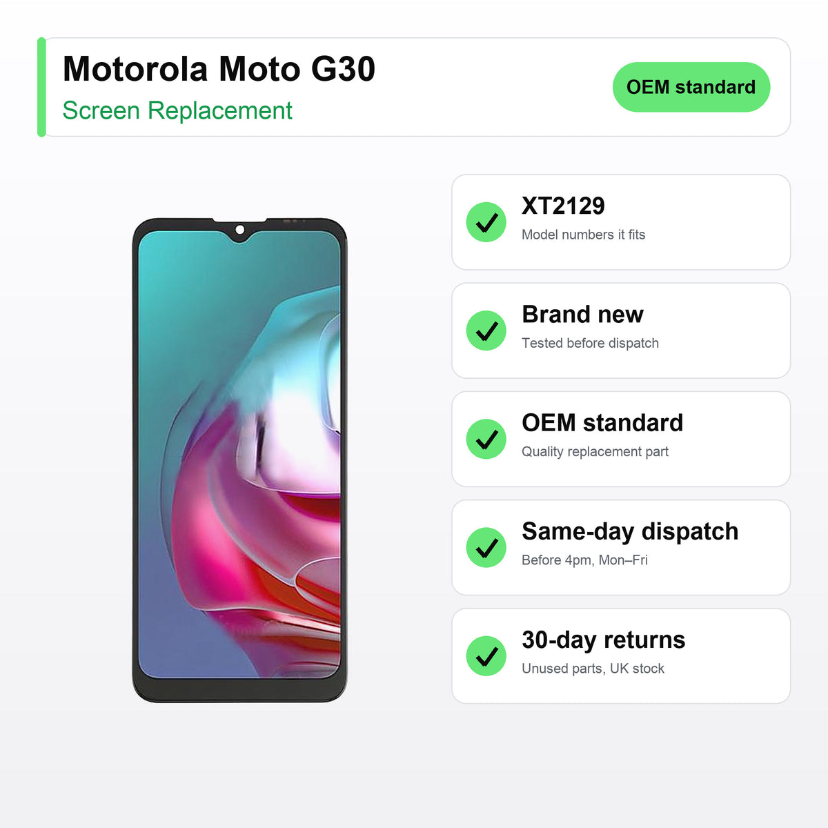 Motorola Moto G30 screen key facts: brand new, tested, same-day UK dispatch