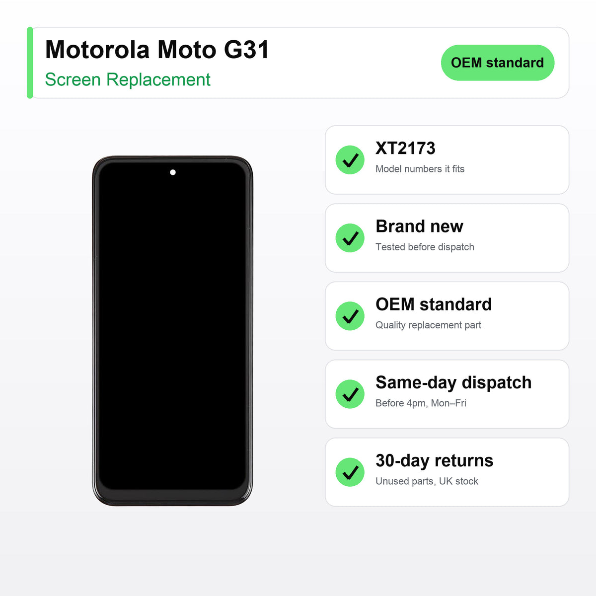 Motorola Moto G31 screen key facts: brand new, tested, same-day UK dispatch