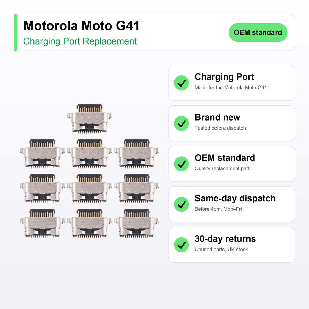 Motorola Moto G41 charging port key facts: brand new, tested, same-day UK dispatch