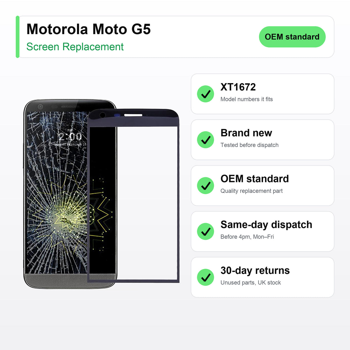 Motorola Moto G5 screen key facts: brand new, tested, same-day UK dispatch