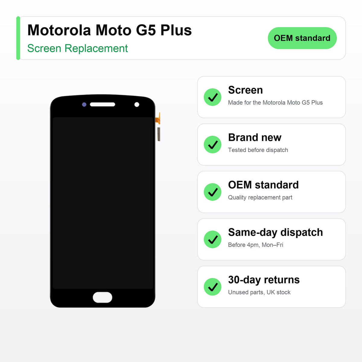 Motorola Moto G5 Plus screen key facts: brand new, tested, same-day UK dispatch