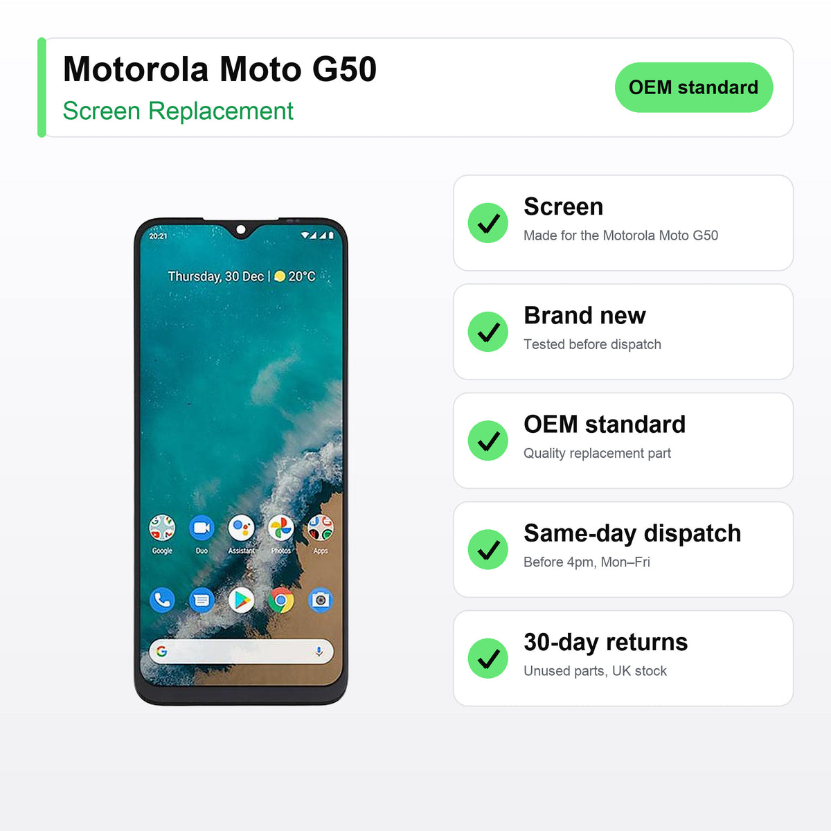 Motorola Moto G50 screen key facts: brand new, tested, same-day UK dispatch
