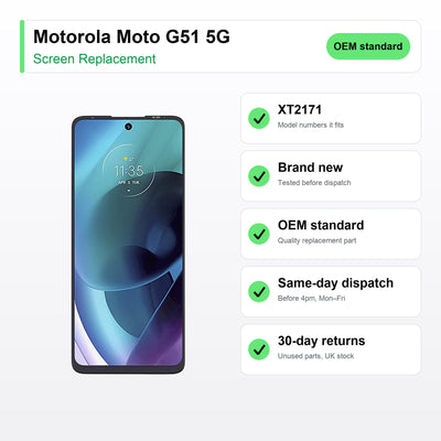Motorola Moto G51 5G screen key facts: brand new, tested, same-day UK dispatch