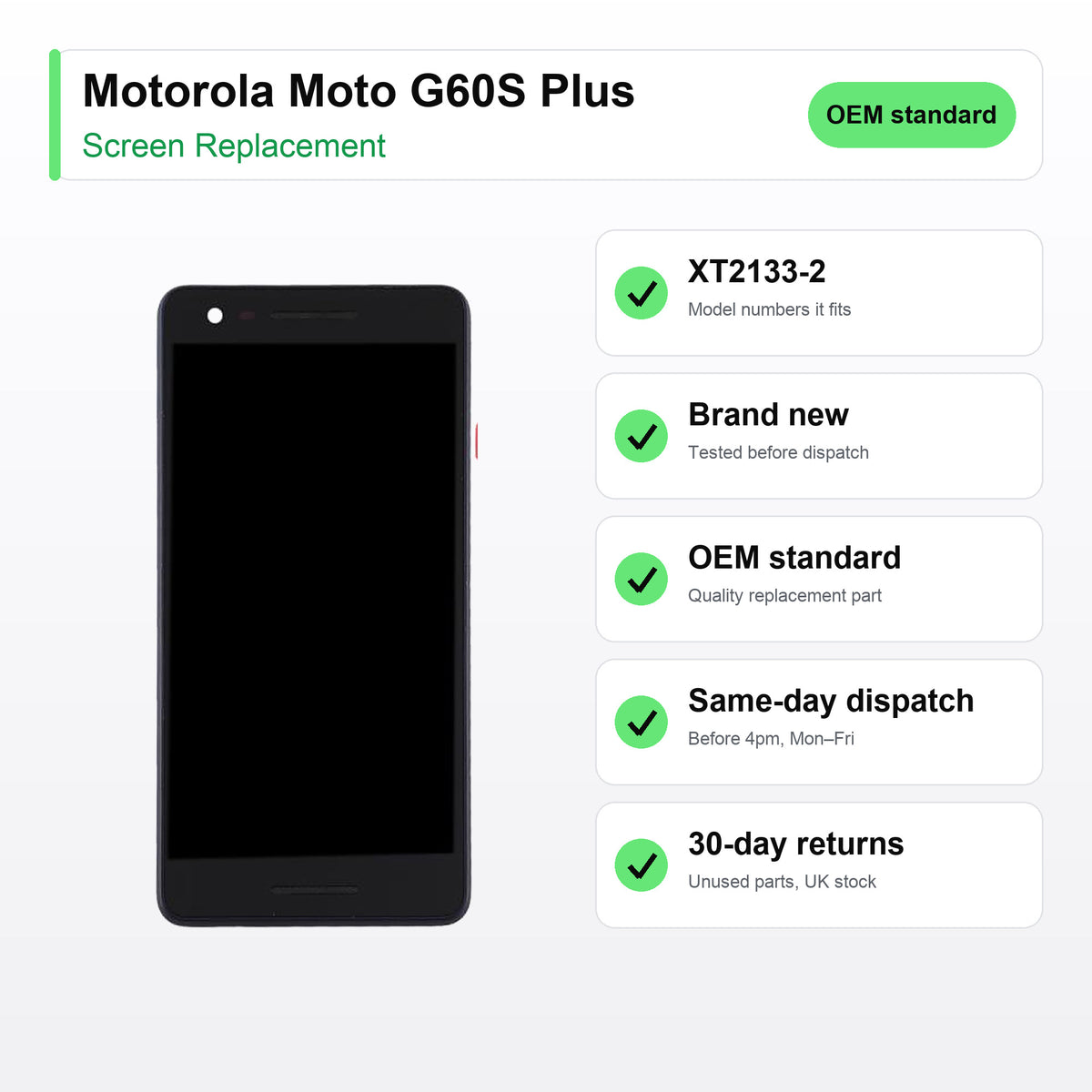 Motorola Moto G60S Plus screen key facts: brand new, tested, same-day UK dispatch
