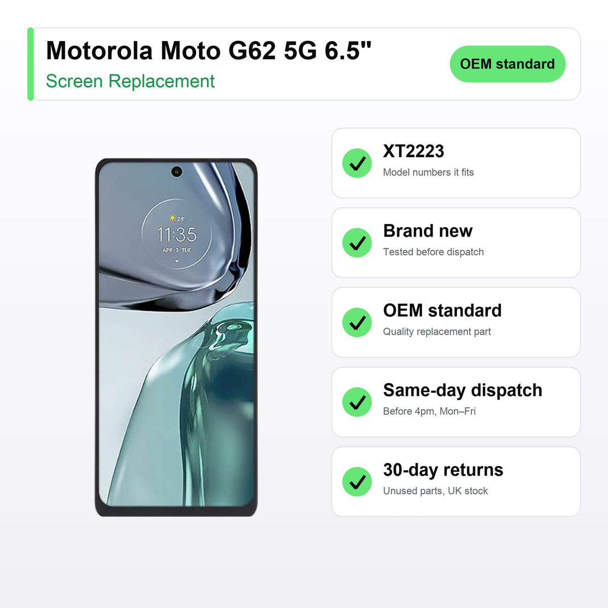 Motorola Moto G62 5G 6.5" screen key facts: brand new, tested, same-day UK dispatch