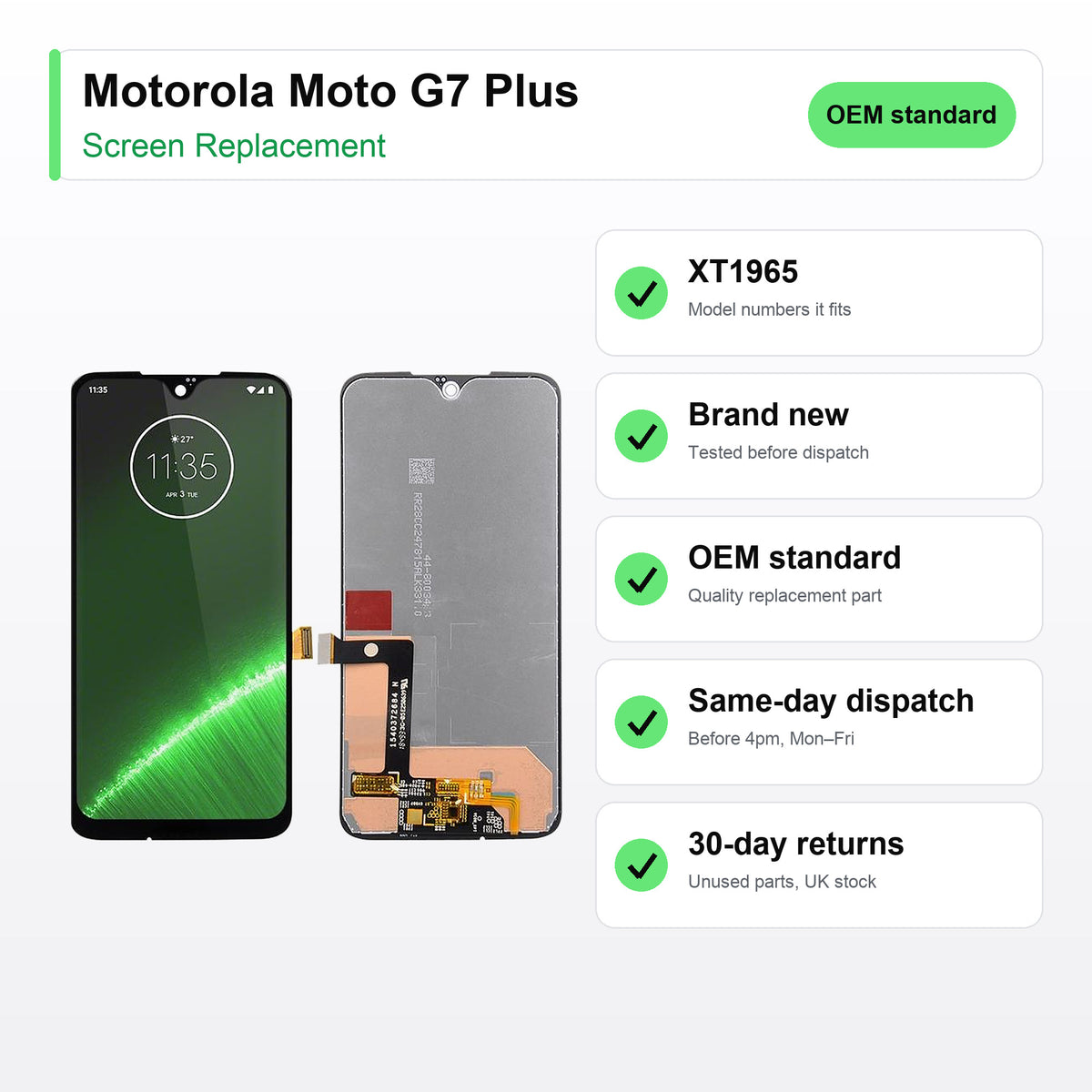 Motorola Moto G7 Plus screen key facts: brand new, tested, same-day UK dispatch