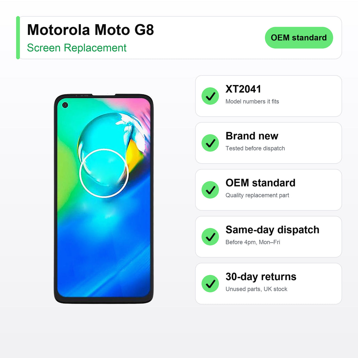 Motorola Moto G8 screen key facts: brand new, tested, same-day UK dispatch