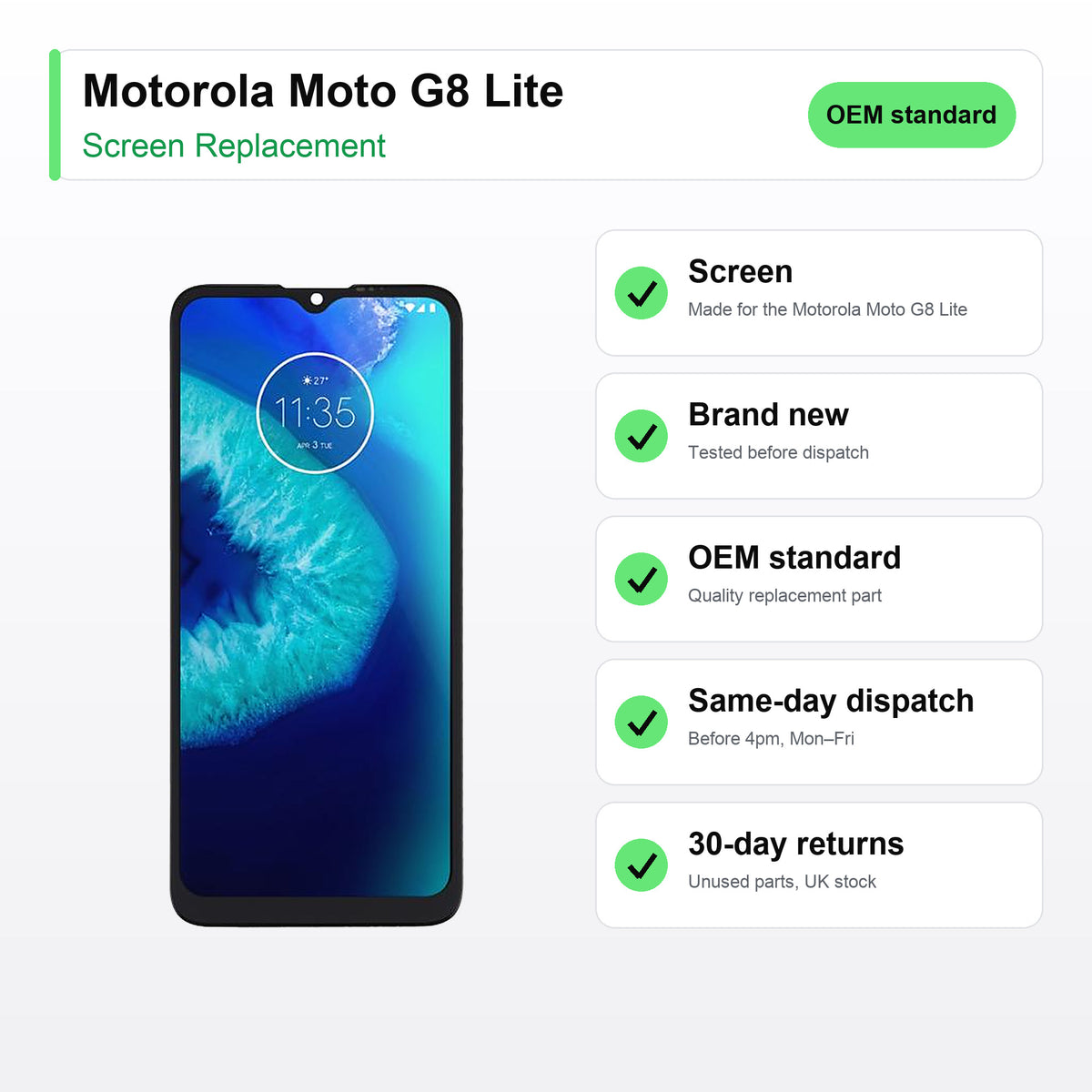 Motorola Moto G8 Lite screen key facts: brand new, tested, same-day UK dispatch