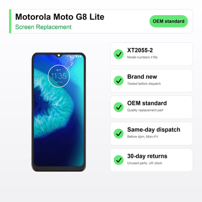Motorola Moto G8 Lite screen key facts: brand new, tested, same-day UK dispatch