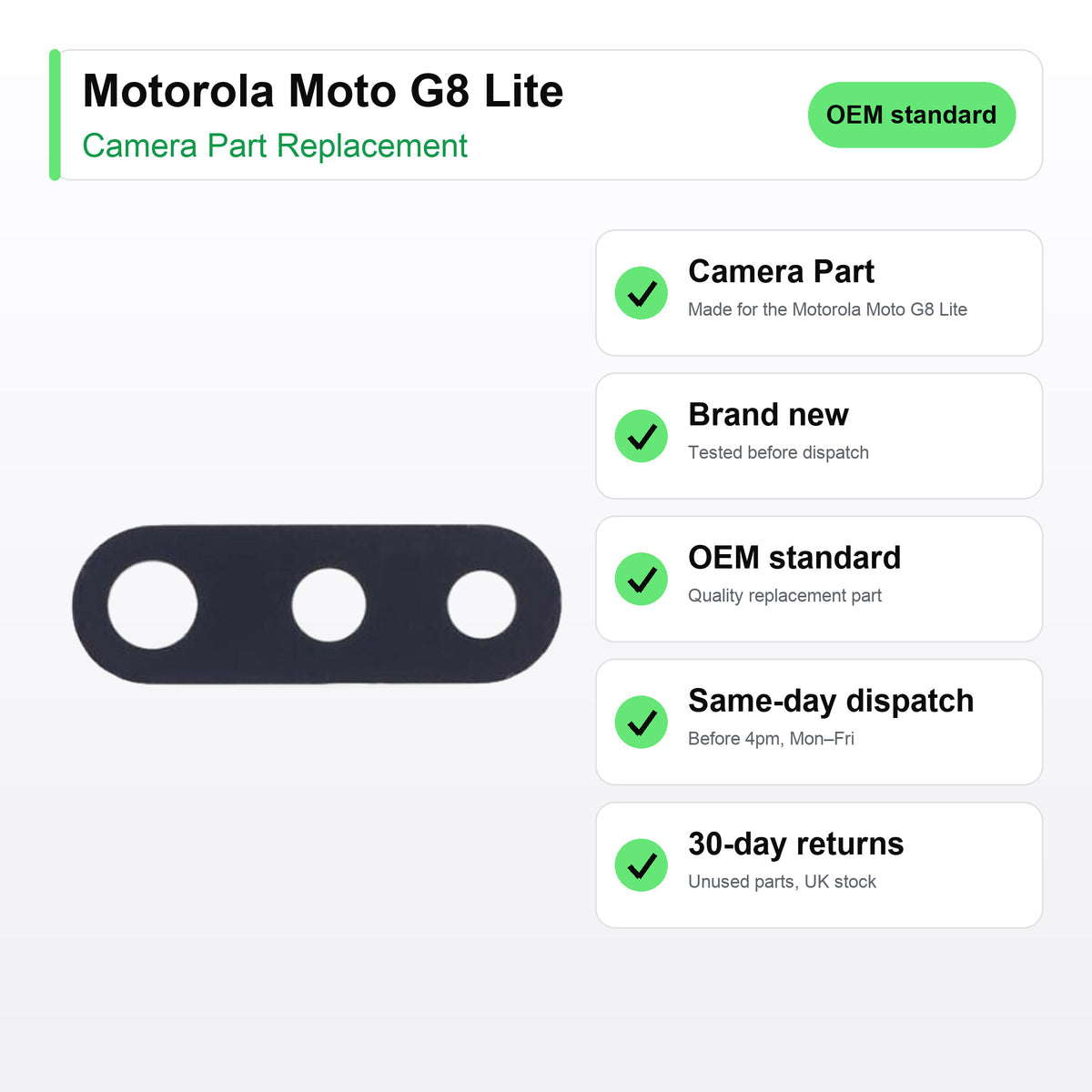 Motorola Moto G8 Lite camera lens key facts: brand new, tested, same-day UK dispatch