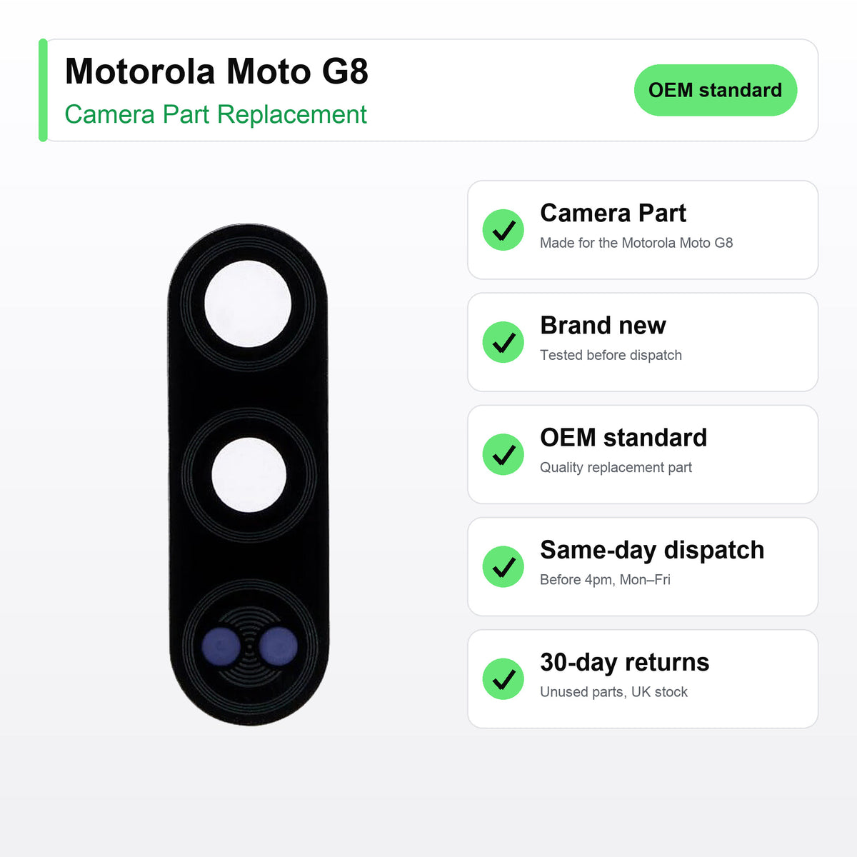 Motorola Moto G8 camera lens key facts: brand new, tested, same-day UK dispatch