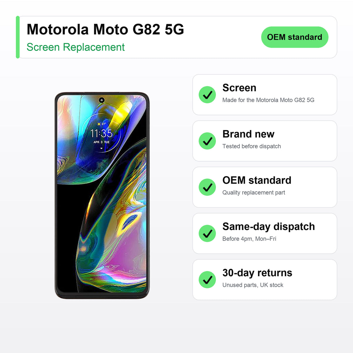 Motorola Moto G82 5G screen key facts: brand new, tested, same-day UK dispatch