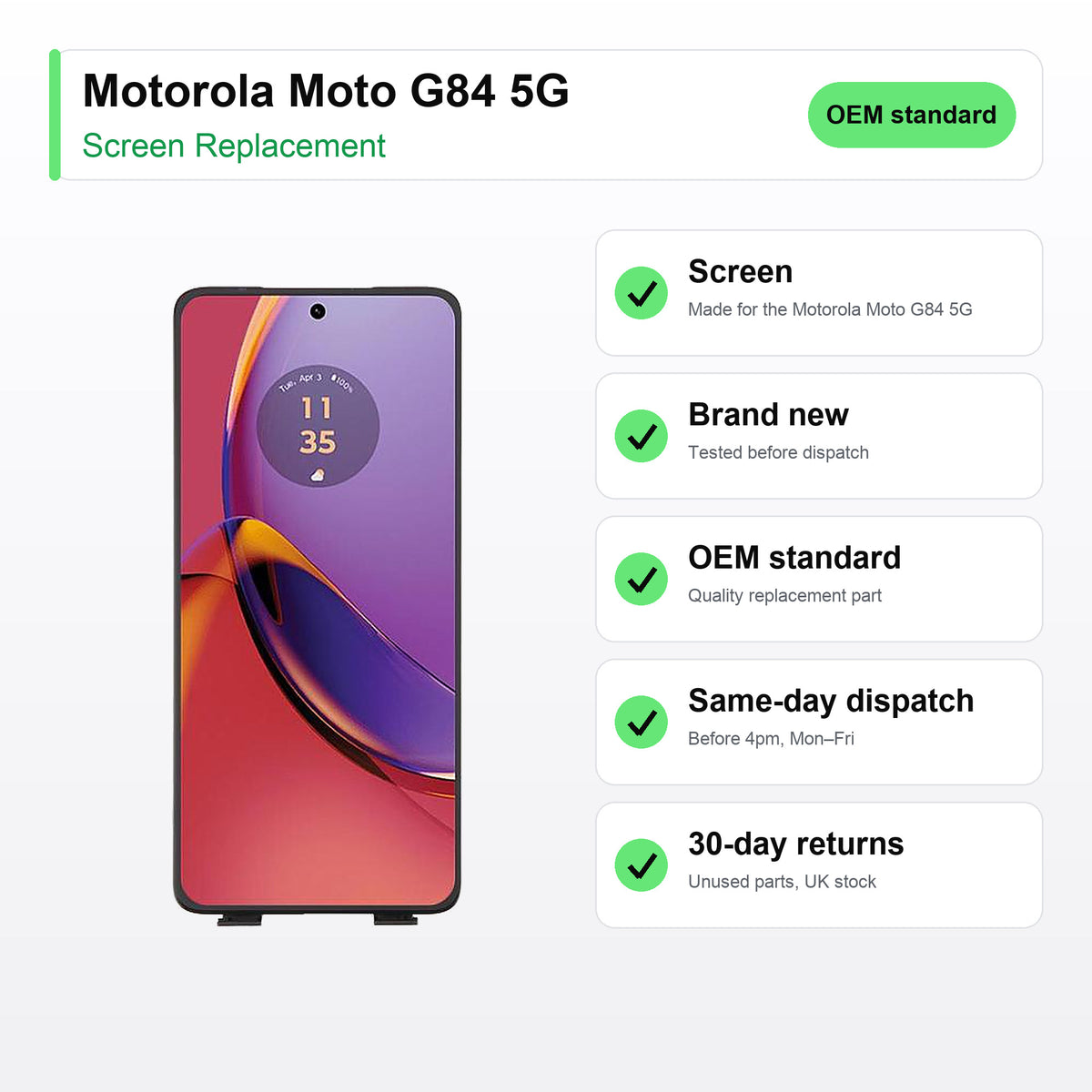 Motorola Moto G84 5G screen key facts: brand new, tested, same-day UK dispatch