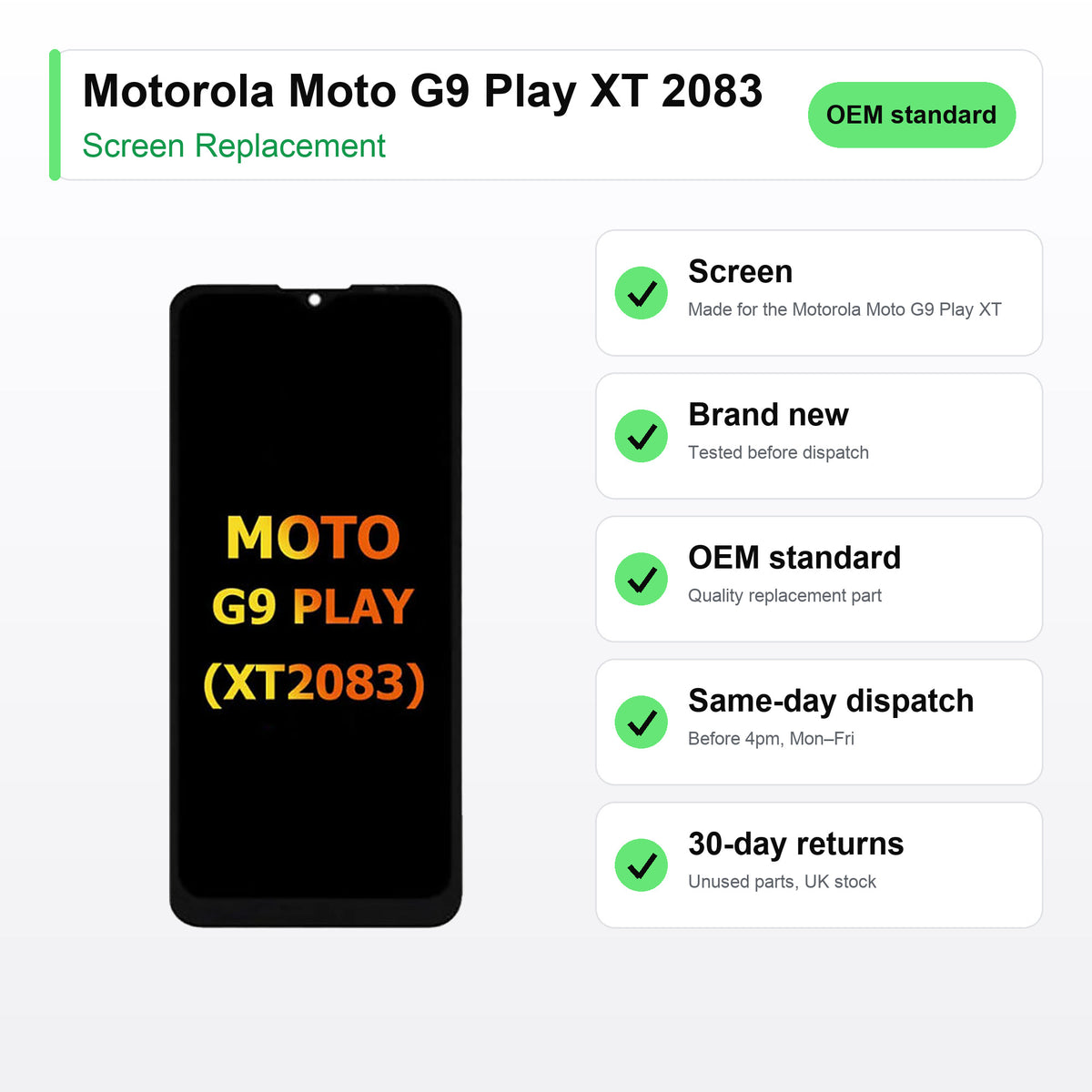 Motorola Moto G9 Play XT 2083 screen key facts: brand new, tested, same-day UK dispatch