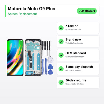 Motorola Moto G9 Plus screen key facts: brand new, tested, same-day UK dispatch