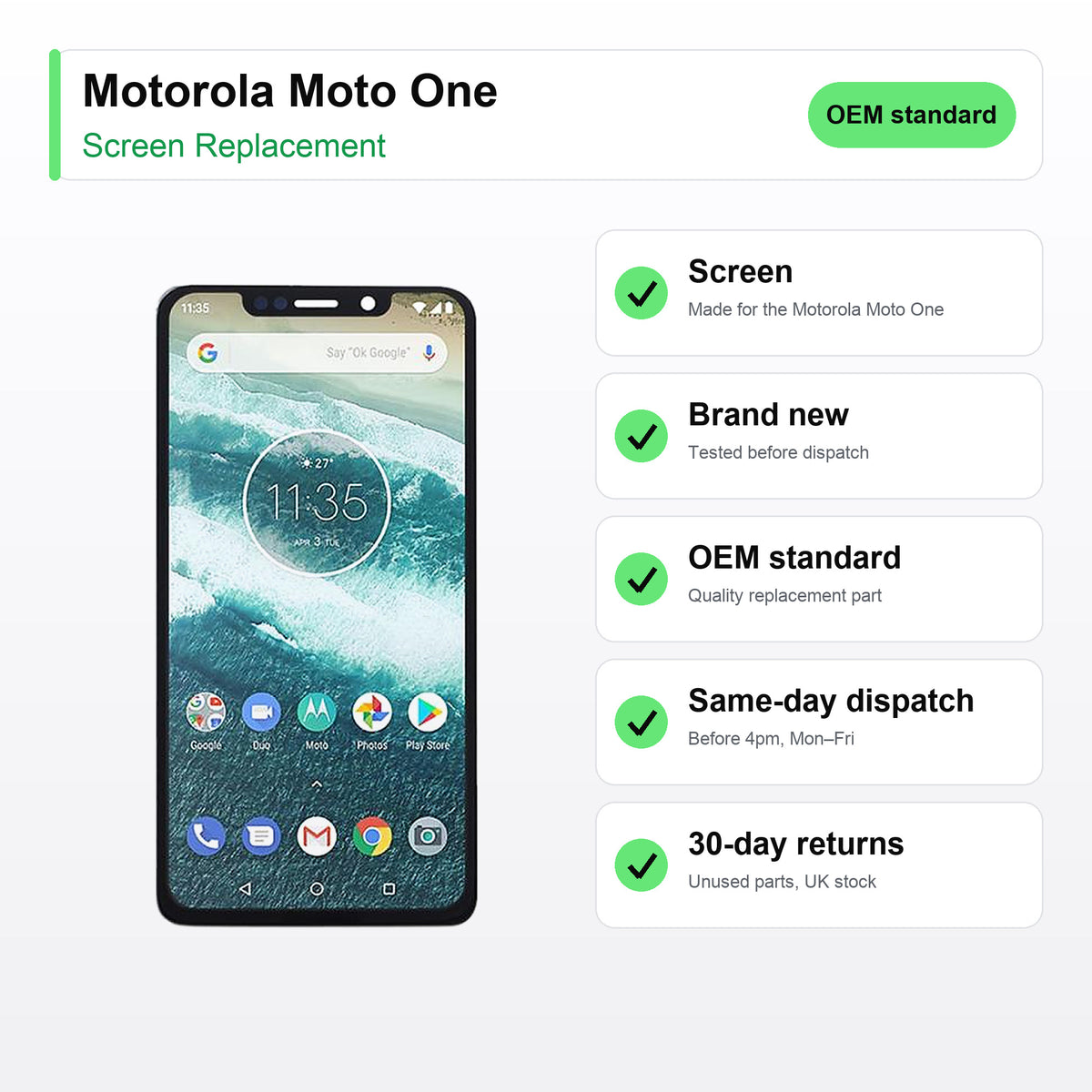 Motorola Moto One screen key facts: brand new, tested, same-day UK dispatch
