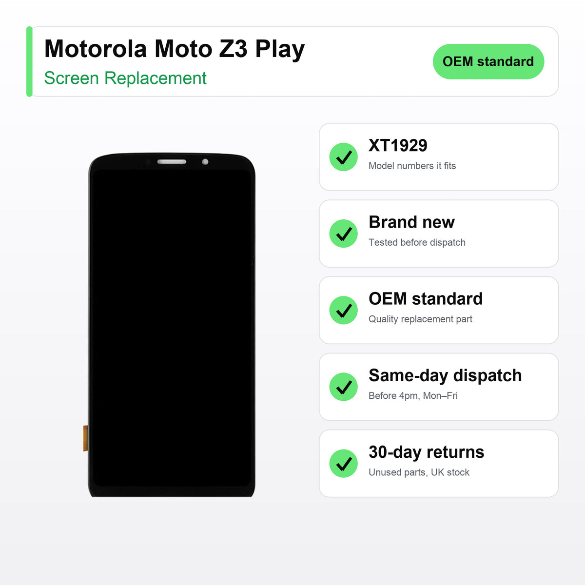 Motorola Moto Z3 Play screen key facts: brand new, tested, same-day UK dispatch