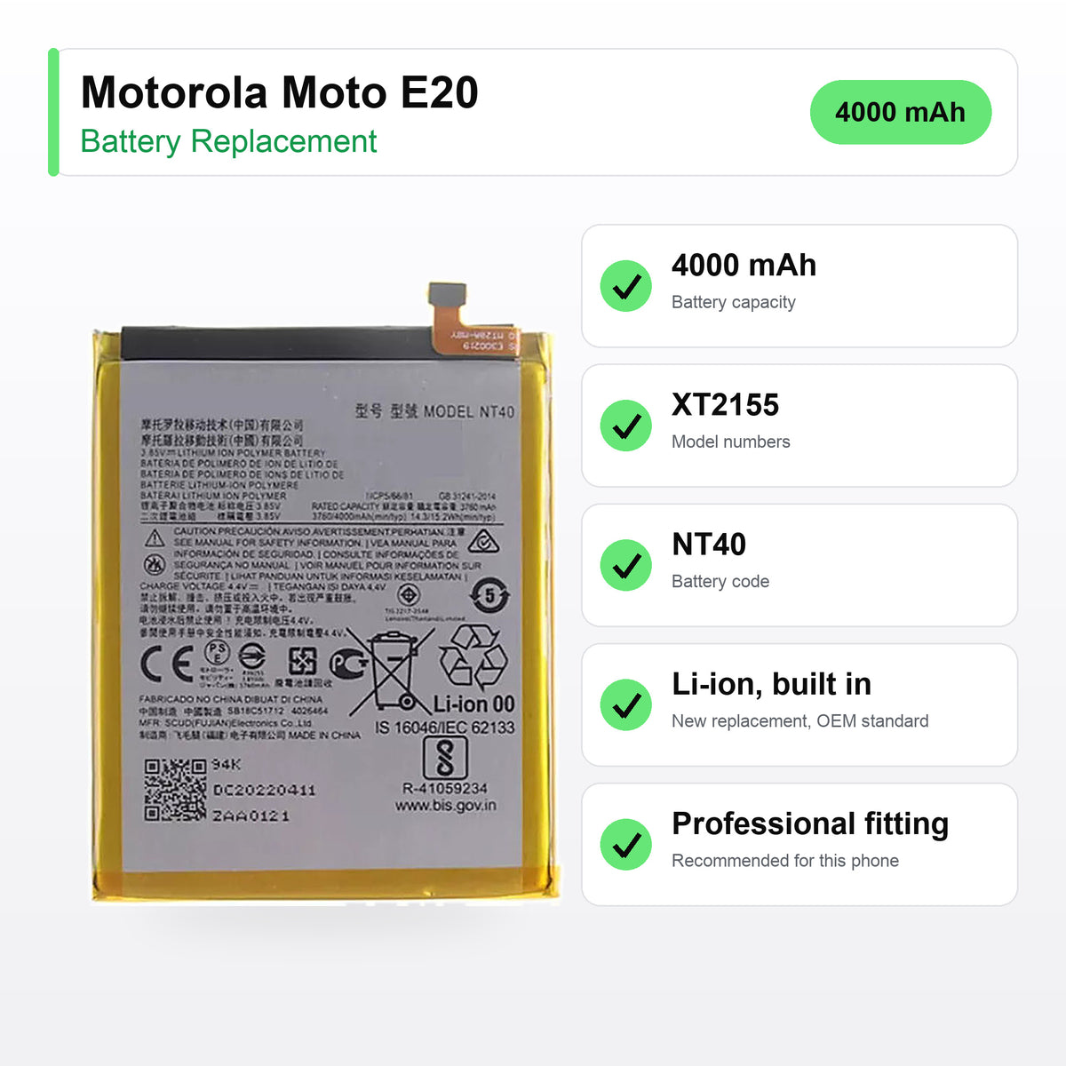 Motorola Moto E20 battery replacement specs: 4000 mAh, XT2155, NT40