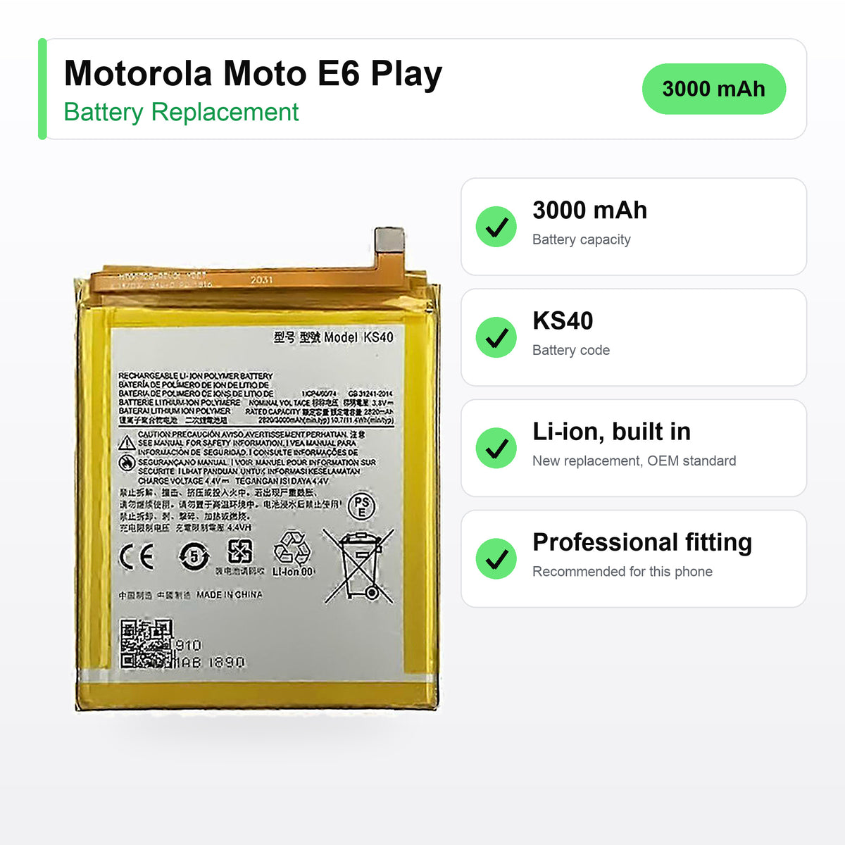 Motorola Moto E6 Play battery replacement specs: 3000 mAh, KS40, Li-ion, built in