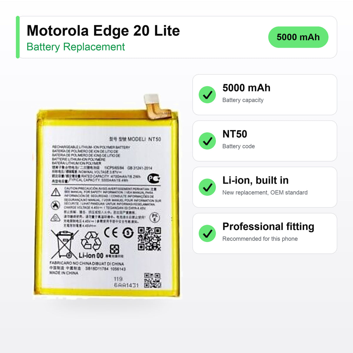 Motorola Edge 20 Lite battery replacement specs: 5000 mAh, NT50, Li-ion, built in