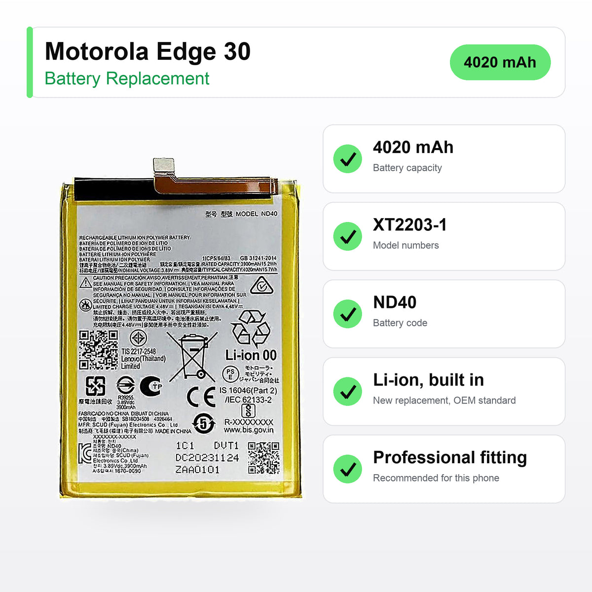 Motorola Edge 30 battery replacement specs: 4020 mAh, XT2203-1, ND40