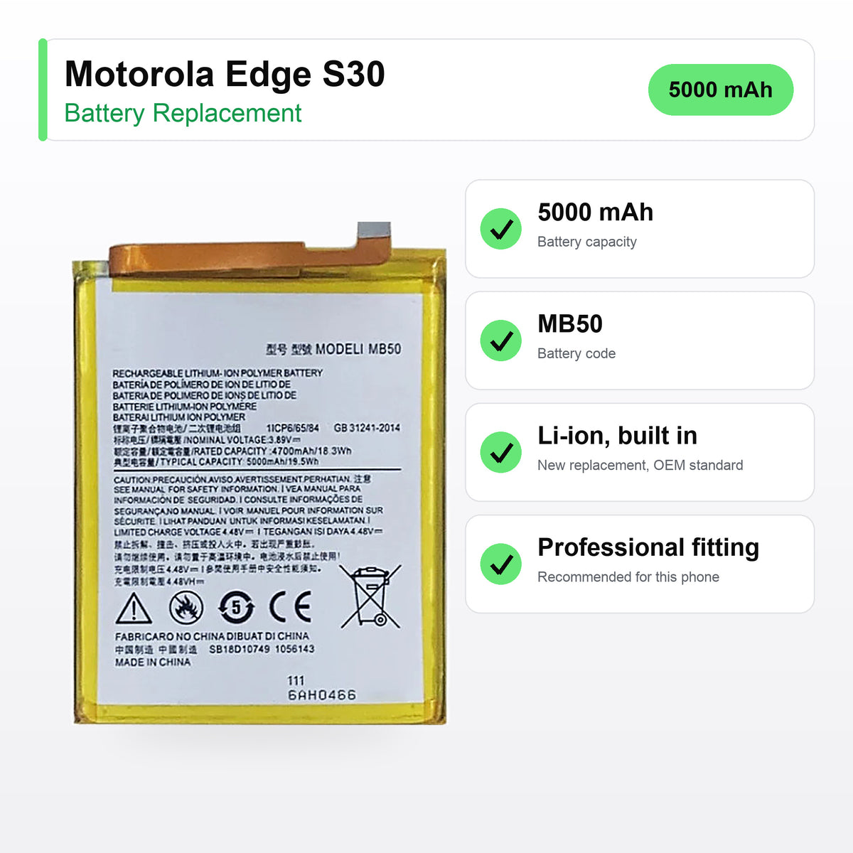 Motorola Edge S30 battery replacement specs: 5000 mAh, MB50, Li-ion, built in