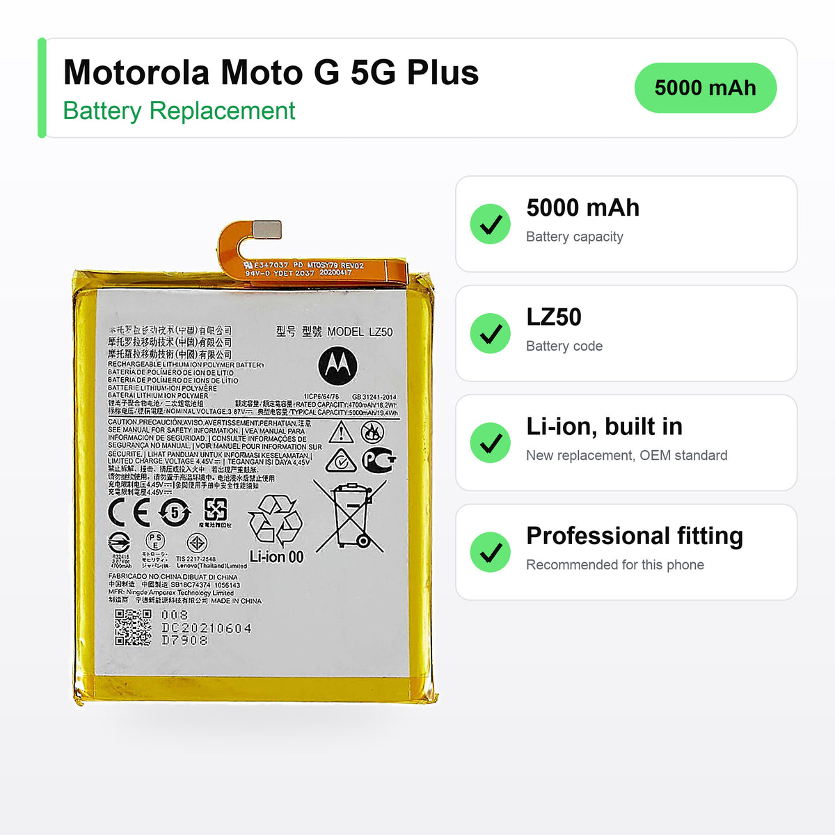 Motorola Moto G 5G Plus battery replacement specs: 5000 mAh, LZ50, Li-ion, built in
