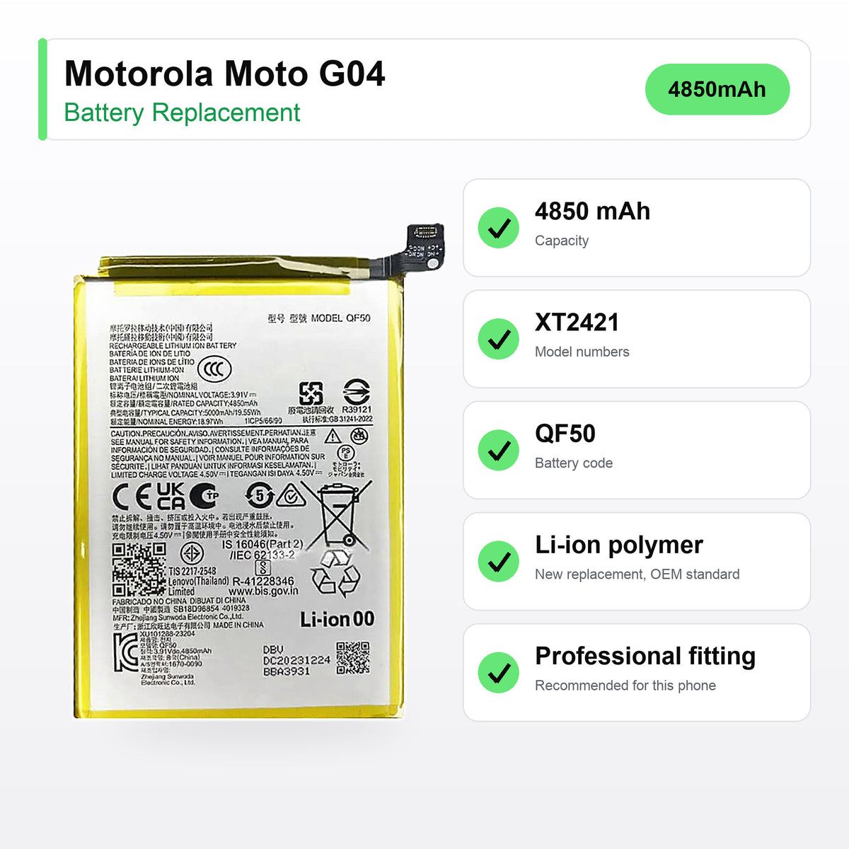 Motorola Moto G04 battery replacement specs: 4850 mAh, code QF50, XT2421, compatible phones