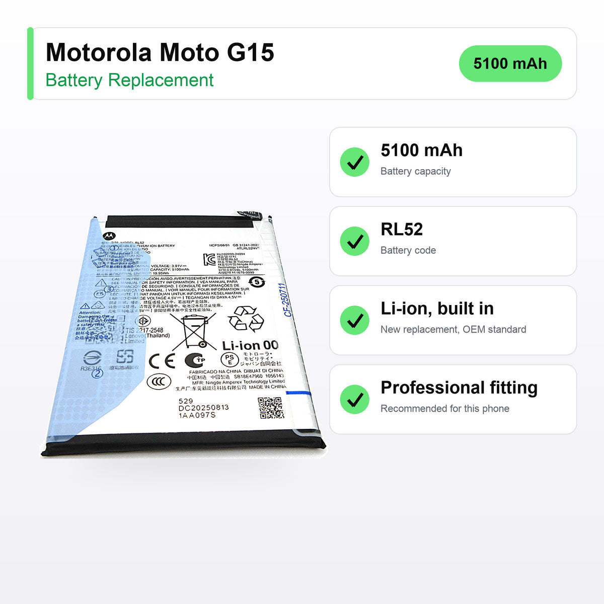 Motorola Moto G15 battery replacement specs: 5100 mAh, RL52