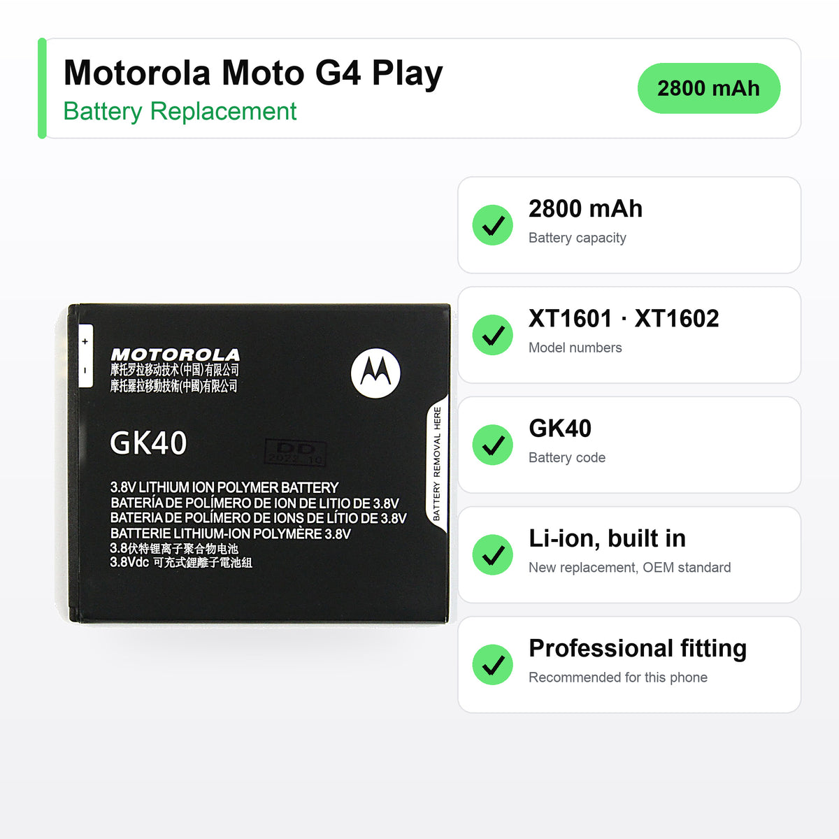 Motorola Moto G4 Play battery replacement specs: 2800 mAh, XT1601 · XT1602, GK40