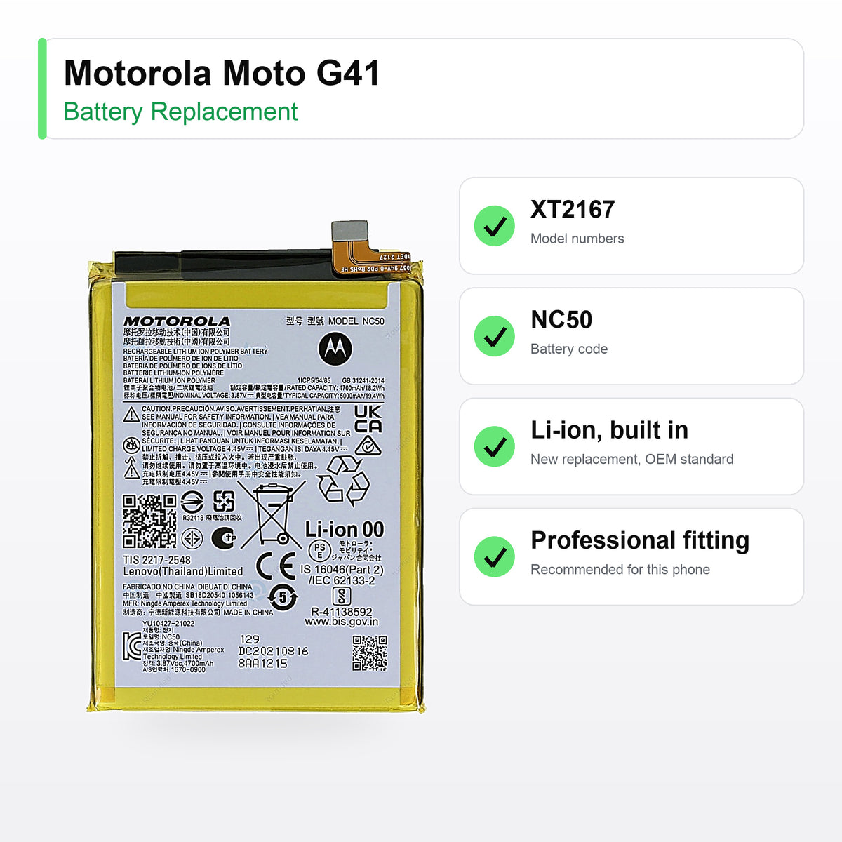 Motorola Moto G41 battery replacement specs: XT2167, NC50