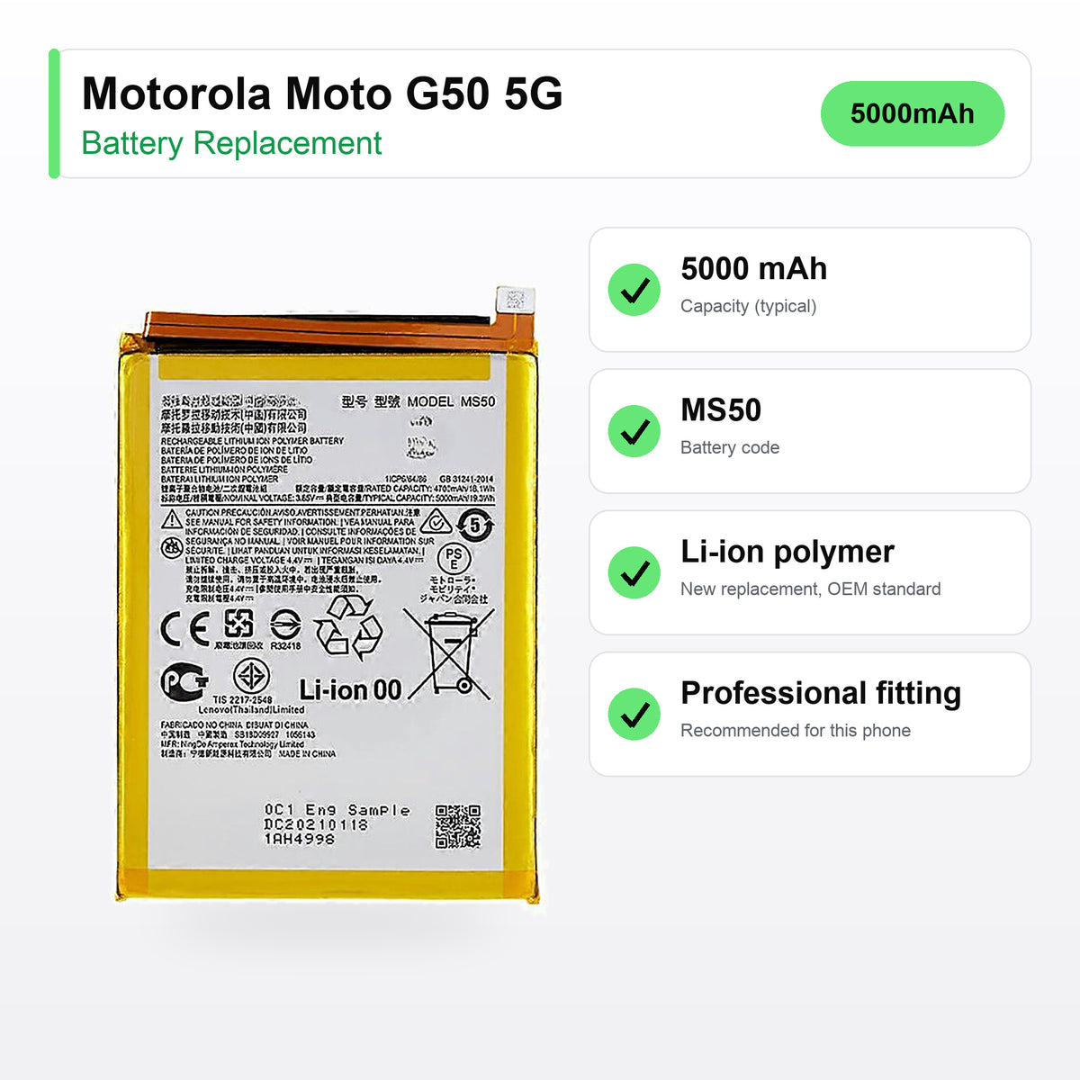 Motorola Moto G50 5G battery replacement specs: 5000 mAh, code MS50, compatible phones