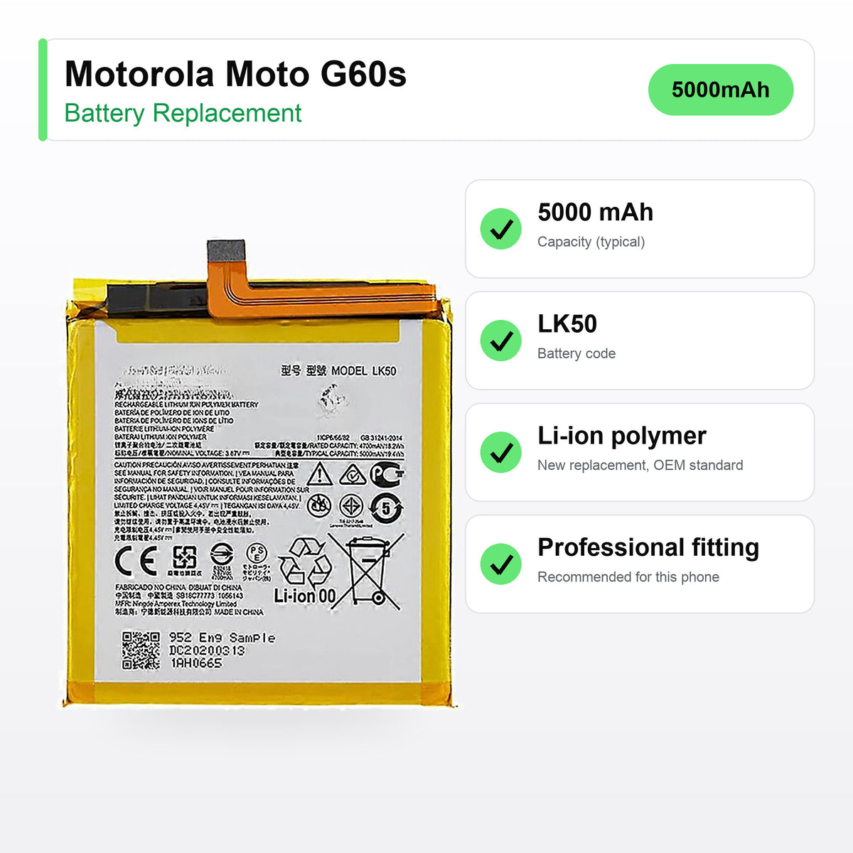 Motorola Moto G60s battery replacement specs: 5000 mAh, code LK50, compatible phones