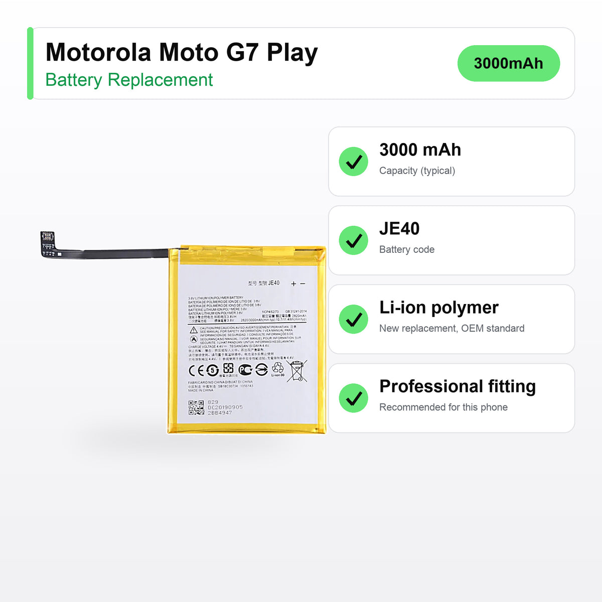 Motorola Moto G7 Play battery replacement specs: 3000 mAh, code JE40, compatible phones