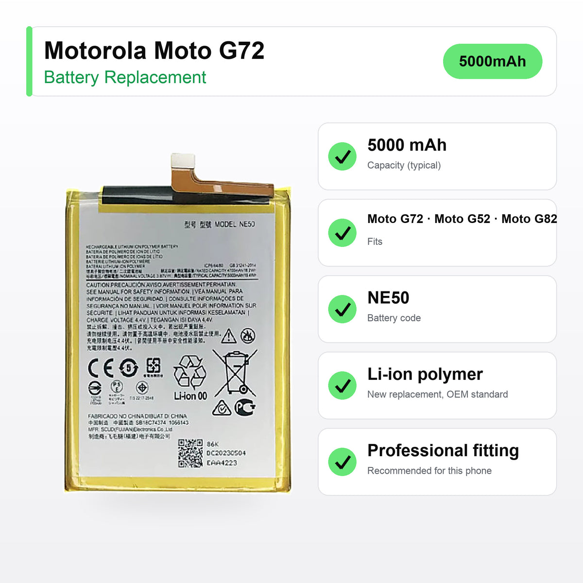 Motorola Moto G72 battery replacement specs: 5000 mAh, code NE50, compatible phones