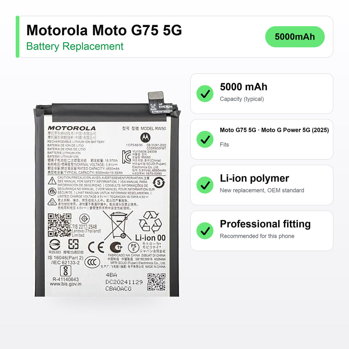 Motorola Moto G75 5G battery replacement specs: 5000 mAh, compatible phones