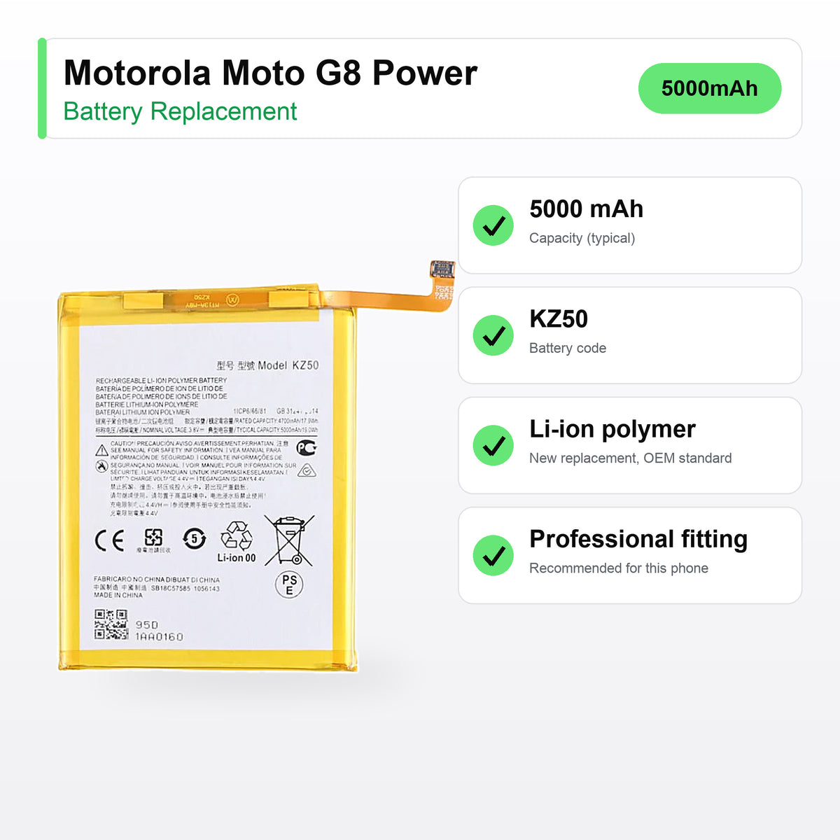 Motorola Moto G8 Power battery replacement specs: 5000 mAh, code KZ50, compatible phones