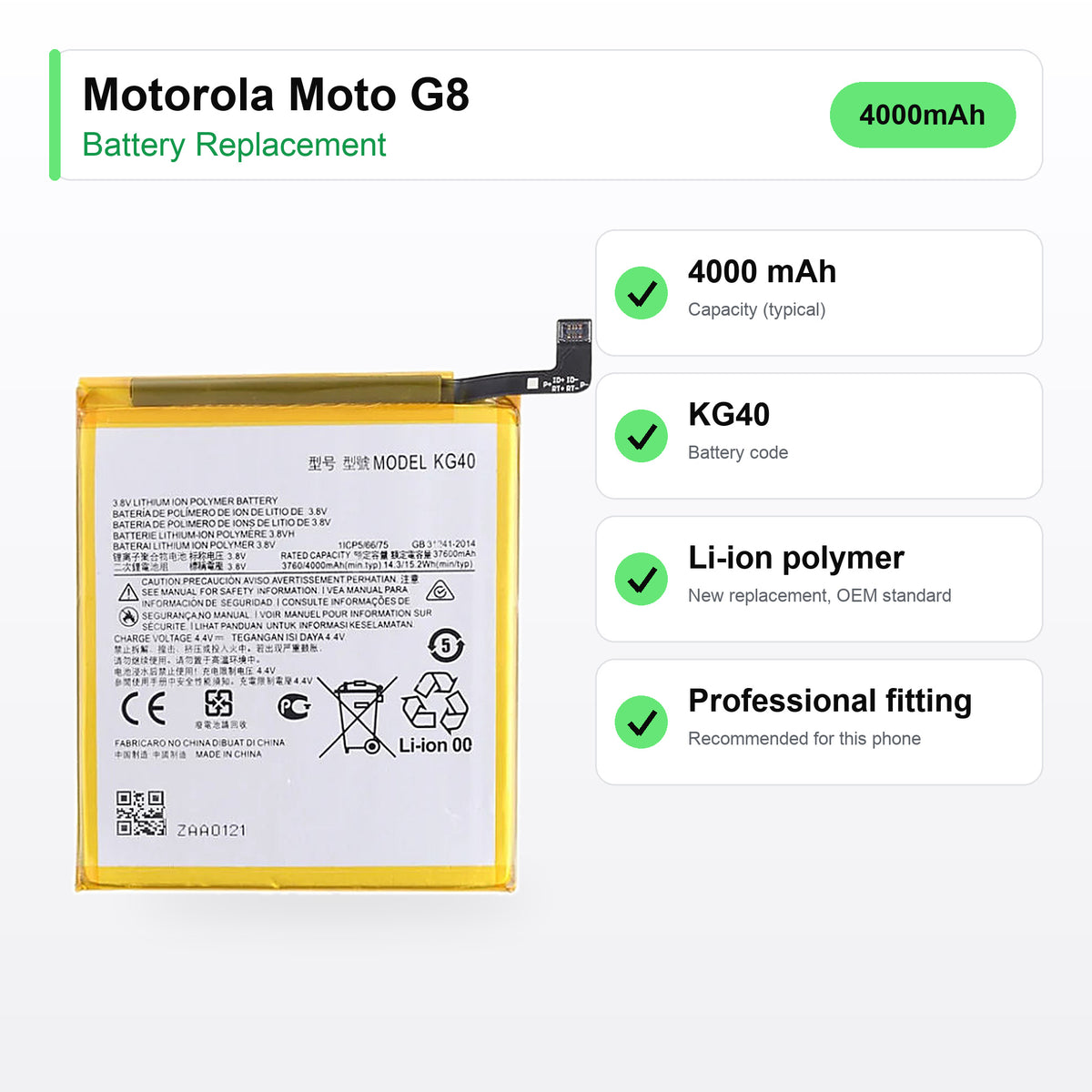 Motorola Moto G8 battery replacement specs: 4000 mAh, code KG40, compatible phones