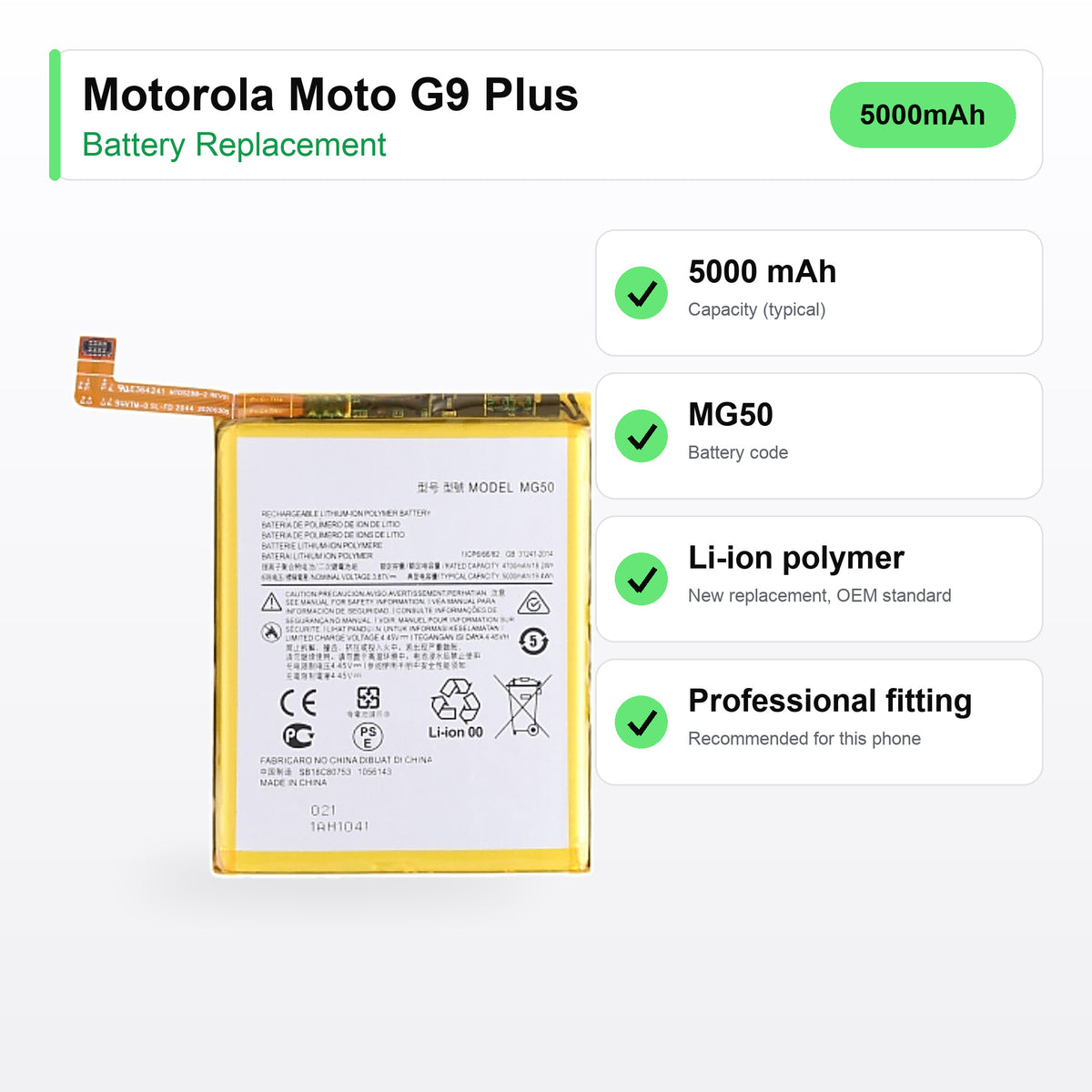 Motorola Moto G9 Plus battery replacement specs: 5000 mAh, code MG50, compatible phones