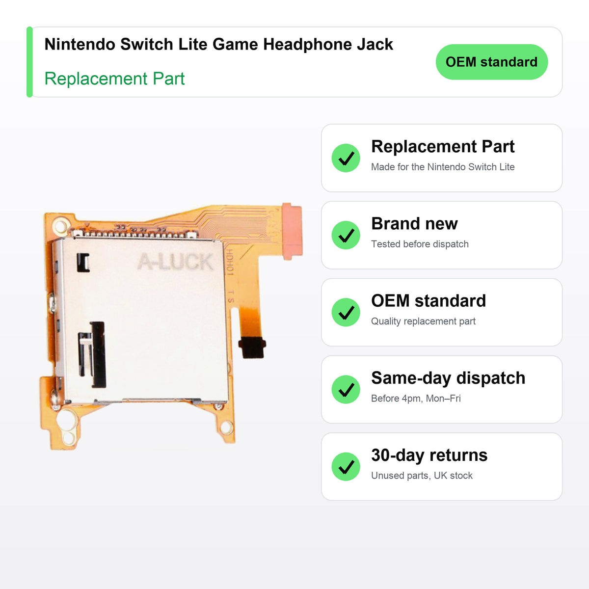 Nintendo Switch Lite Game Headphone Jack part key facts: brand new, tested, same-day UK dispatch