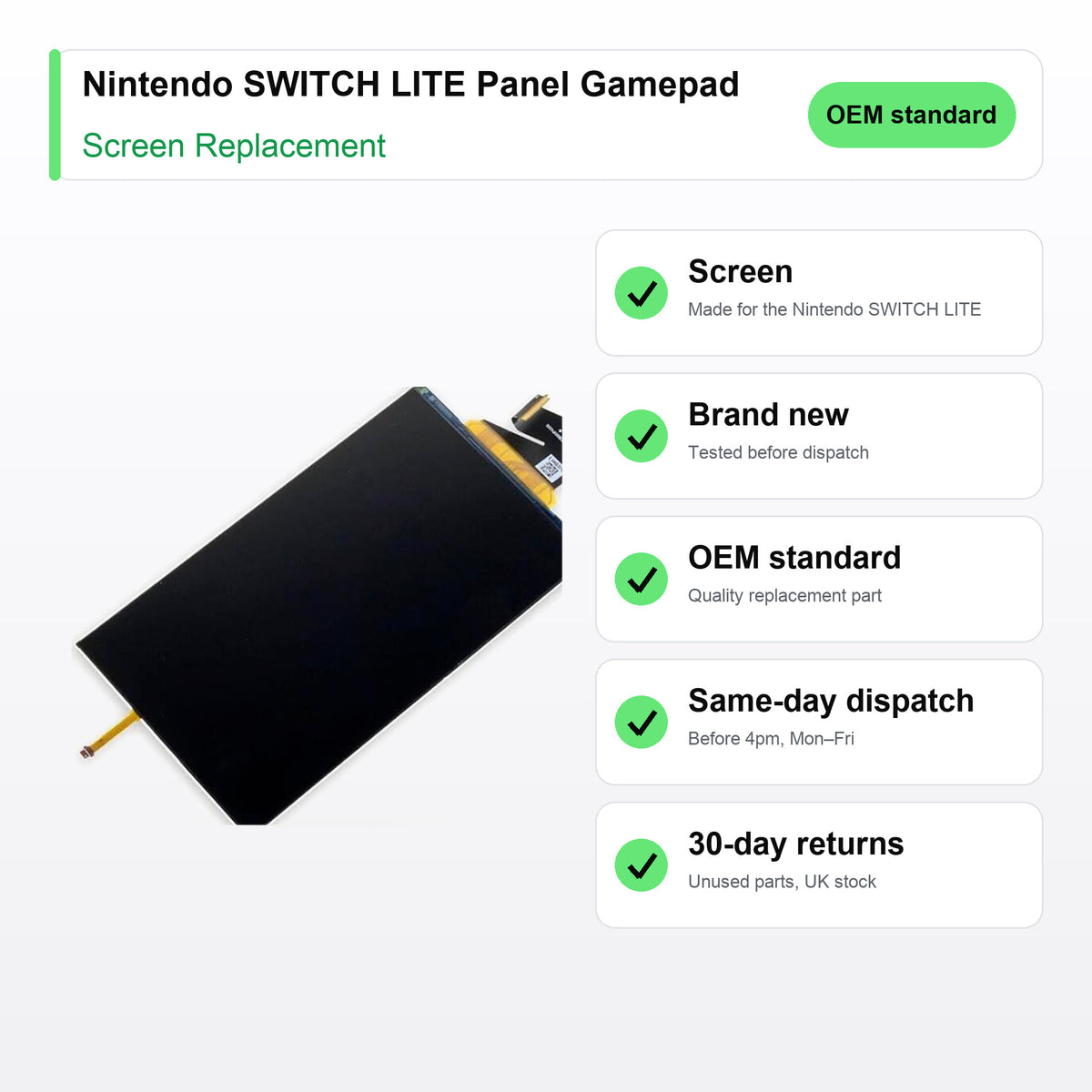 Nintendo SWITCH LITE Panel Gamepad screen key facts: brand new, tested, same-day UK dispatch