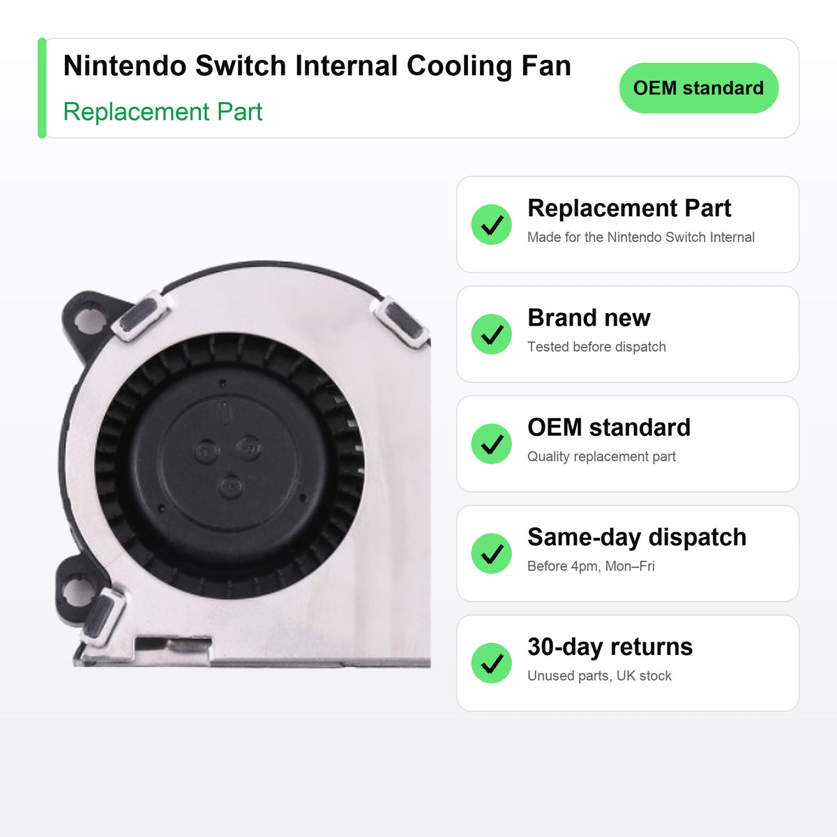 Nintendo Switch Internal Cooling Fan part key facts: brand new, tested, same-day UK dispatch